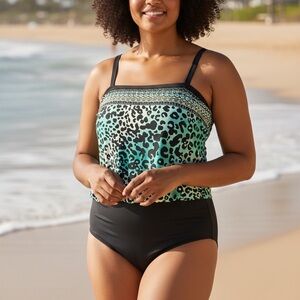Maxine of Hollywood Teal and Black Leopard Blouson One-Piece Swimsuit Size 16-18